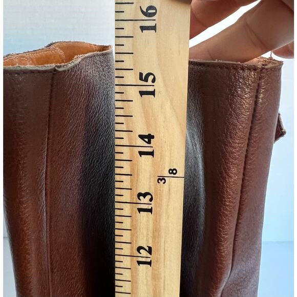 Frye Brown Leather Harness Strap Pointed Toe Knee High Pull On Heeled Boots 7.5 - Picture 8 of 14